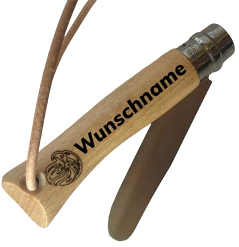 OPINEL Kindermesser No7 - Sicheres Schnitzmesser mit Abgerundeter Spitze, Personalisierbar mit Namen, Edelstahl Klinge, Holzgriff mit Gravur, Geschenkverpackung Adlerkopf