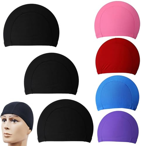 SquEqu 7 Pack Swim Cap Fabric Breathable Swimming Caps Comfort Ultra Thin Elastic Hat for Men Women Adult Older Kids Girls Boys Youth Family Long Short Hair Bathing Training Sports