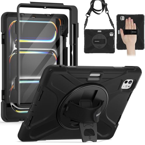 BRAECN Funda para iPad Pro 11 - M5/M4 2025/2024 6a/5a Generación | Funda Resistente con Protector de Pantalla, Portalápiz, Soporte de Rotación de 360°, Correa de Mano/Hombro, Negro
