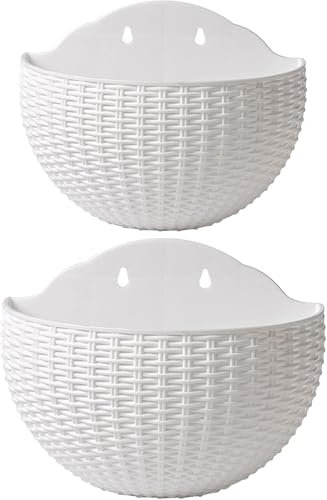 OULXDCYC 2 Pcs Imitation Rattan Wall Hanging Semicircle Outdoor Hanging Planters with Drainage Hole and Hooks, Garden Plastic Hanging Basket for Balcony Fence,White