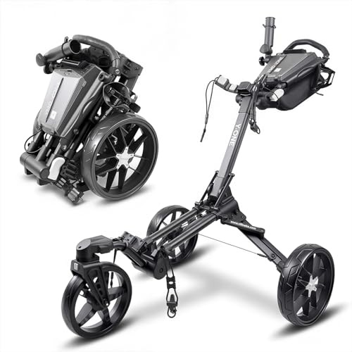 YMDXONE Carro de golf de 3 ruedas con rueda delantera giratoria de 360°: diseño plegable, compartimento de almacenamiento integrado, asa ajustable en altura, soporte para teléfono/GPS/tarjeta de