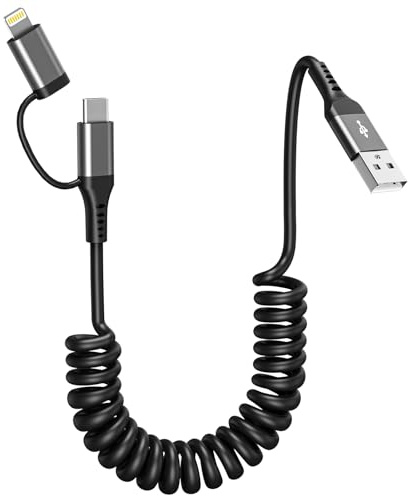 USB auf USB C Lightning Spiralkabel, 2 in 1 Android Auto & Apple Carplay Multi USB Kabel, Universal Spiralkabel kurz mit Schnellladen & Datenübertragung für iPhone 16/15/14/Galaxy/Huawei