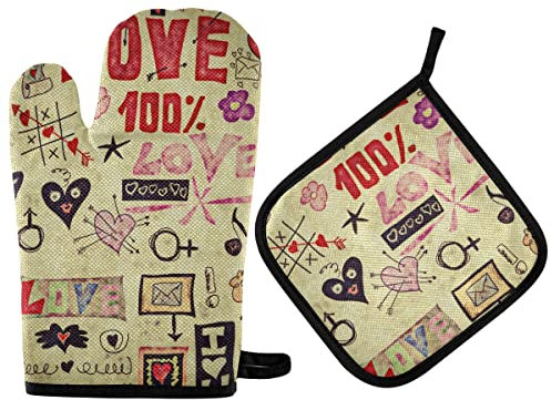 Ofenhandschuhe Liebe Doodle Retro Vintage Topfhandschuhe Premium Qualität Kochhandschuhe Waschbare Topflappen Set Für Kochen Backen Grillen