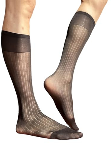YUZIMEI Calzini da uomo, calze da uomo in nylon velato, calze da lavoro elastiche larghe a righe trasparenti per abito formale sopra il polpaccio calze - nero