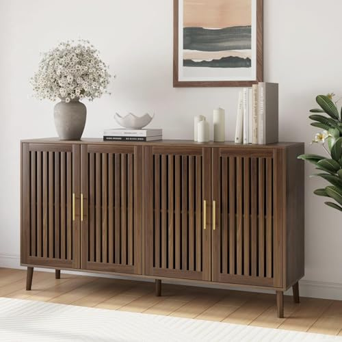Smart FENDEE 63 Long Sideboard Buffet with 4 Slatted Doors, Farmhouse Buffet Storage Cabinet with Adjustable Shelf, Coffee Bar Cabinet for Entryway, Kitchen, Dining Room, Living Room, Walnut Color
