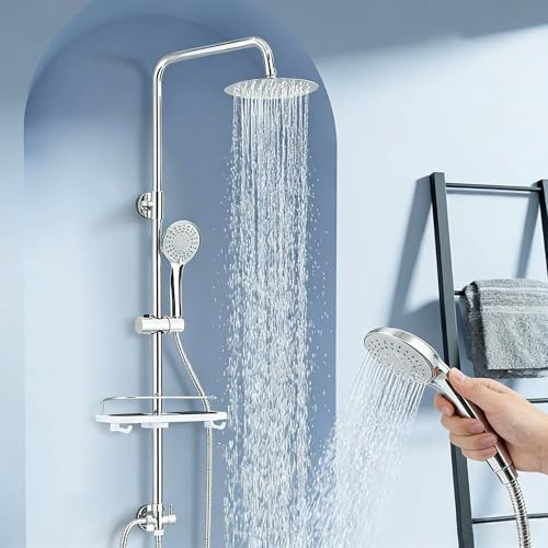 Shower Riser Rail Kit,Chrome Shower Set with 20cm Round Overhead Rainfall Shower,Handheld Shower Head and Shelf,Suitable for Bathroom