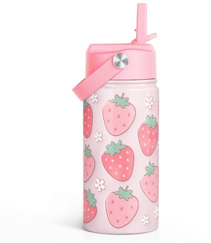 Strawberry Kids Water Bottle with Straw Lid 12oz Insulated Stainless Steel, Travel Tumbler, Gifts for Girls, Birthday, Christmas, Back to School