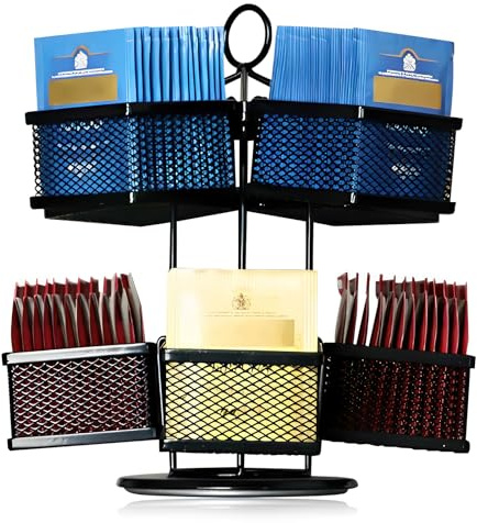 Organizer da tè a 2 livelli con scomparti rimovibili, porta bustine da tè girevole per 80+ bustine da tè, contenitore in metallo per cucina/ufficio, salvaspazio ed elegante (nero)