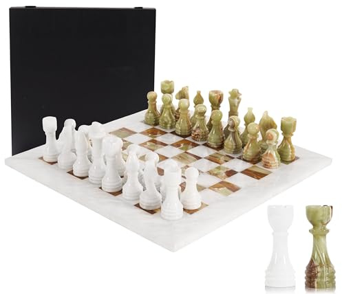 Marble Chess Set for Adults 15 Handmade White & Green Onyx Board Game with 32 Chess Pieces, 2 Extra Queens & Storage Box, Luxury Travel Game – Elegant Home Décor