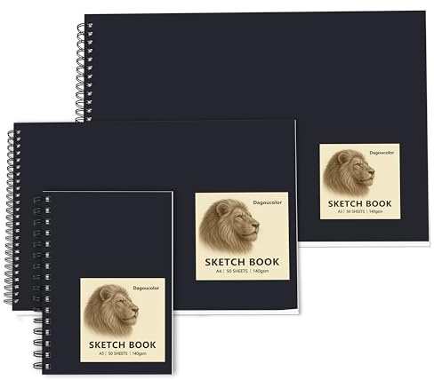 DagouColor Livre Croquis, 3 Pack, 50 Feuilles (100 Pages) Chacune, Comprend A3 +A4+A5 - Total 150 Feuilles Spirale Carnet de Dessin D'art Sans Acide, 140GSM Pour Les Artistes Débutants Adultes Enfants