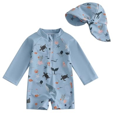 WYTbaby Traje de baño de una pieza para bebé, de manga larga, con sombrero para el sol, protección UV, gris., 6- 12 meses
