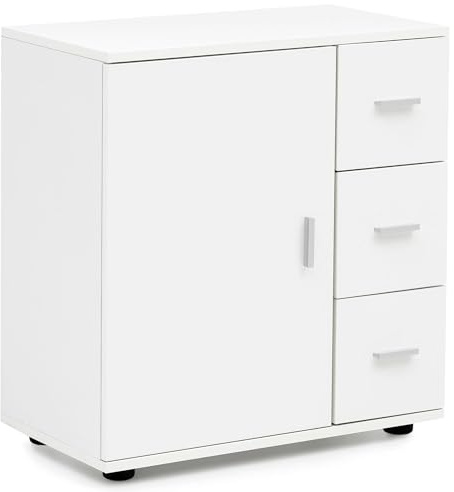 FineBuy Badschrank 60x33x65,5 cm Weiß Matt mit Tür und Schubladen | Midischrank freistehend, kleiner Beistellschrank für Bad und Gäste-WC, Badregal mit Stauraum, sicherer Stand