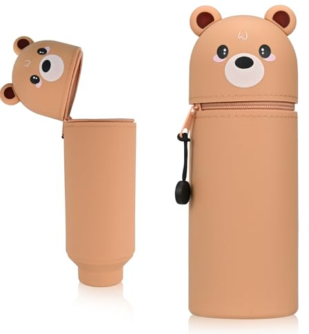 Smlper Kawaii Silikon Federmäppchen, 2 in 1 Schulmäppchen, Tier-Bleistifthalter, geeignet für Jungen und Mädchen, Büro-Mäppchen (Braunbär)