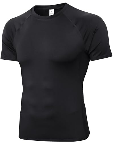 Yuerlian Maglietta a compressione da uomo a maniche corte, per corsa, allenamento, ad asciugatura rapida, per sport, palestra, per allenamento atletico, ciclismo, fitness, escursionismo, Nero , S