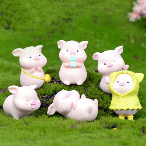 KARLOR Mini cerdito figuras decorativas, 6 piezas de cerdo con chubasquero, mochila dulce, joyas en miniatura, figuras de cerdo, adornos de animales, mini paisaje, casa de muñecas, decoración de