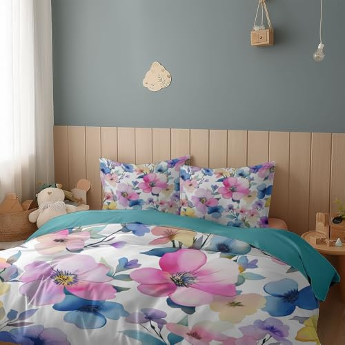 Generico Copripiumino Acquerello Fiori 3-Pezzi Blu Salvia biancheria da letto - Set copripiumino e federe per cuscino double face in microfibra premium - copripiumino Set 180 x 220 cm
