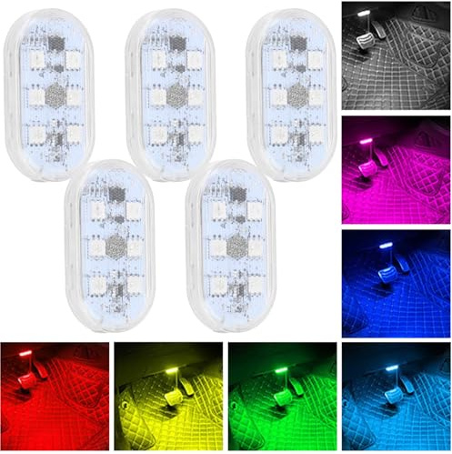 5 Pcs Car Led Interior Lights, 7 Colors Footwell Lights for Cars Ambient Lighting, Touch Wireless Car Light, USB Rechargeable Dimmable Interior Ambient Star Light for Motorhome, Boot, Doors