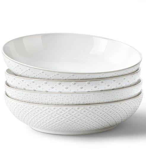 Y YHY Large Pasta Bowls, 45 oz Embossed Salad Bowls for Serving Soup, Noodle, Dessert, Dinner, Kitchen Deep Plates, 9.75 Porcelain Shallow Bowls, Soft White Dishes for House-warming Wedding Present