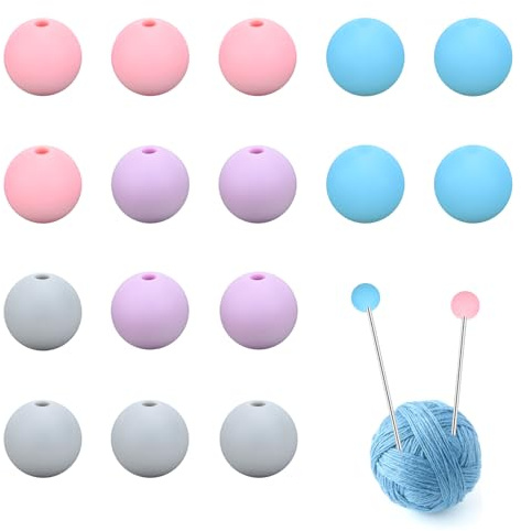 Bekecidi 16 Stück Stricknadelstopper, Spitzenschutz 12 mm Silikon Niedliche Runde Perlen Stichspitzenkappe Strickzubehör Nadelendabdeckung DIY Bastelbedarf