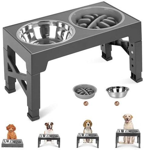 Comedero Elevado para Perros, 4 Alturas Ajustables, Cuencos de Acero Inoxidable y Alimentador Lento Antivoracidad, Soporte Antideslizante Plegable para Razas Pequeñas, Medianas, Grandes y Gatos