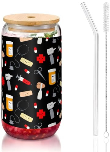 JIUTY Vasos de vidrio con diseño de dibujos animados con tapas y popote de vidrio, 1 taza de vidrio de 16 onzas, vasos de café y cerveza