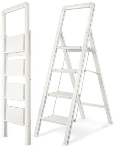 BIBKOKE Step Ladder Folding 4-Step White Finish Aluminum Foldable Step Ladders,Anti-Slip for Home & Kitchen Office 330 lbs