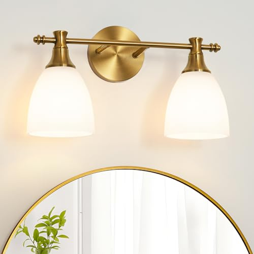 Ditoon Vintage Bathroom Light Fixtures, 2-Light Brushed Brass Vanity Light Over Mirror with White Thickened Glass Shade, 16'' Gold Bathroom Wall Lamp for Mirror Living Room Bedroom