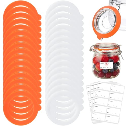 32Pcs Replacement Silicone Seals for Jar Seals, Replacement Silicone Sealing Gaskets Rings, Leakproof Sturdy Jar Airtight Seal Storage Ring for Mason Jars Clip Top (White+Orange)
