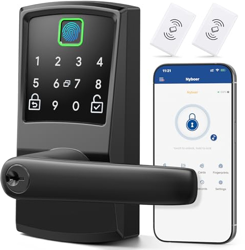 Keypad Smart Door Lock with Handle, Fingerprint Keyless Entry Digital Lock for Front Door,Nyboer Electronic Code Knob, Matte Black, Modern Style, Easy Installation,Deadbolt Alternative
