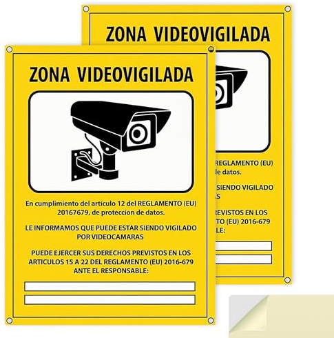 Carteles Cámara de Vigilancia PACK 2 - Zona Videovigilada Homologados RGPD - PVC 20x15 cm - Placas Seguridad Interior Exterior Autoadhesivas