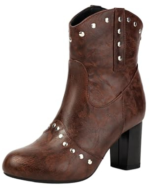 2025 Nya Ankelstövlar Med Nitar Dam Plus Size Ankelboots 7 Cm Höga Klackar PU-läder Korta Stövlar Rund Tå Booties Med Blockklack Retro Slip-on Ankelskor For Fest(Brown,42 EU)
