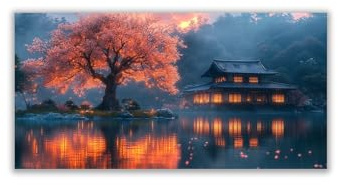 WIKEO Quadri Astratti Su Tela Poster della Capanna del Lago Albero Soggiorno Stampe Su Tela, Camera Da Letto Bagno Cucina Ufficio,Sala Da Pranzo Bar Quadro Moderni -30x60cm Non incorniciato