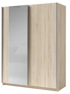 Masseno Schwebetürenschrank VARO 200/205/60 cm Kleiderschrank mit Schubladen Schlafzimmer Schiebetürenschrank 3-türig mit Spiegel Eiche Artisan + Gold