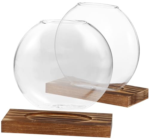 Vaso per Piante in Vetro con Supporto in Legno, Set 2 Pezzi | Vaso di Vetro per Fiori, per Piante Idroponiche da Tavolo, Bordi Lisci e Angoli Arrotondati, per Casa e Soggiorno