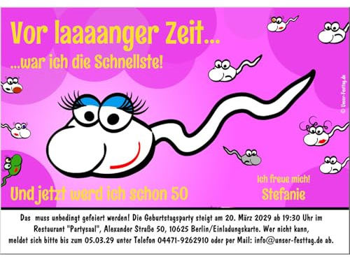 Einladungen zum Geburtstag Frauen Erwachsene, lustig 30 40 50 60 70 jedes | Alter möglich, als digitales Foto (JPG) für WhatsApp oder auf feinstem Karton gedruckt. 1 - 100 Karten
