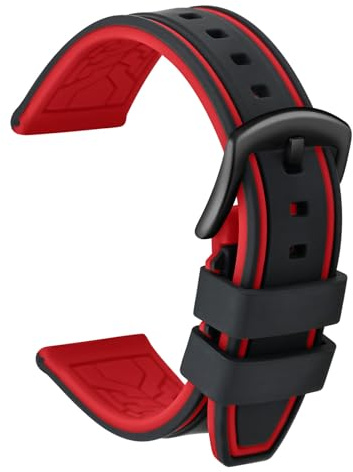 ULLCHRO Unisex Kautschuk Armband mit Gebürstete Edelstahl Silber Schnalle 24mm Schwarz Rot