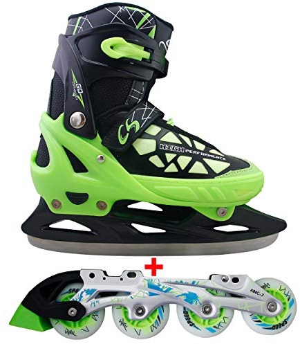 Cox Swain Blake 2in1 größenverstellbare Kinder Inline Skates und Schlittschuhe mit Alu Rollenschiene und PU Leuchtrollen sowie ABEC 7 Kugellagern, Colour: Black Green, Size: XS (29-32)