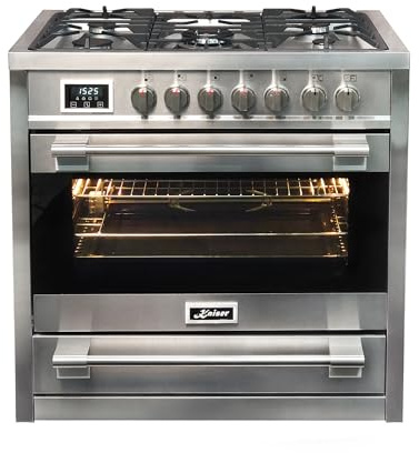 Kaiser HGE 93505 R Gaz Electrique Cuisinière 90cm/Four électrique/Cuisinière/ 115L / Plaque de cuisson au gaz/ 4,5 Kw WOK/ 8 fonctions/Autonettoyage/Gaz naturel et propane possibles/Qualité de luxe