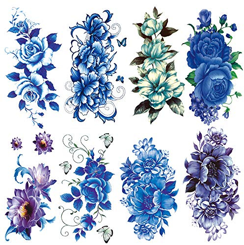 Yesallwas 8 Blätter Groß Blau Rose Blume Temporäre Tattoos Fake Tattoos Erwachsene Rose Tattoo Klebe Tattoo Wasserfeste Tattoo Aufkleber Arm Tattoo, Klebetattoos Frauen Tatoos