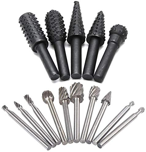 Saipor 5pcs 1/4 Shank Rotary Rasp File Burr Set Woodworking Chisel Shaped Rotating Embossed Grinding Head and 10pcs 1/8 Shank HSS Routing Router Bits Burr Wood Carving Drill Bits Set