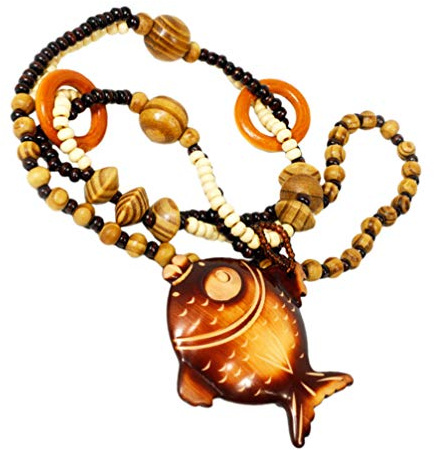 Amosfun Holz Perle Fisch Anhänger Halskette - Retro Perle Schmuck für Frauen & Mädchen - Naturfreunde - Unisex - 64 cm