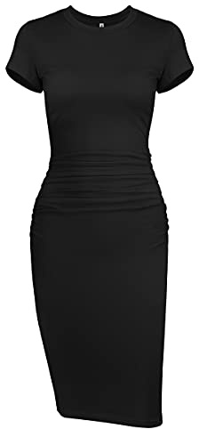 Missufe intl Damen Casual Gerafftes figurbetontes kurzärmeliges Midi-T-Shirt-Kleid - Schwarz - Mittel