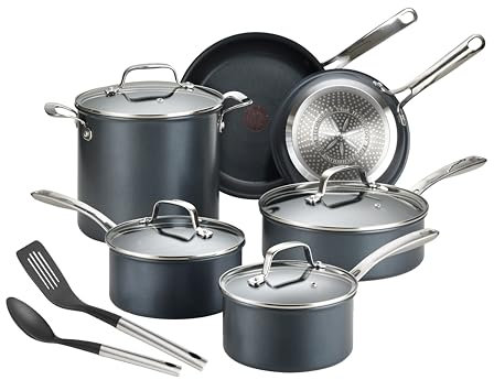 T-FAL Platinum Non Stick Cookware Set 12 Piece, Induction, Oven Broiler Safe 500F, Kitchen Cooking Set W/Fry Pans, Saucepans, Saute Pan, Dutch Oven, Utensils, Pots and Pans, Dishwasher Safe, Slate