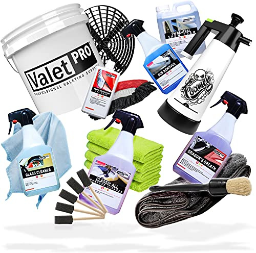detailmate Auto Handwäsche Set mit ValetPRO für Vorwäsche, Felgen, Hauptwäsche, Innenreinigung, Glasreinigung, Trocknen darunter pH neutral Snow Foam, Dragons Breath Felgenreiniger, Premium Zubehör