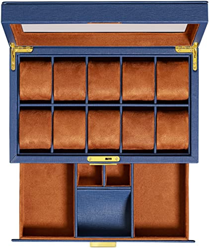 ROTHWELL Uhrenbox aus Leder, 10 Fächer, Luxus-Uhrenetui mit Schublade, abschließbarer Schmuck-Uhrenhalter mit großer Glasdeckel (Blau/Hellbraun)