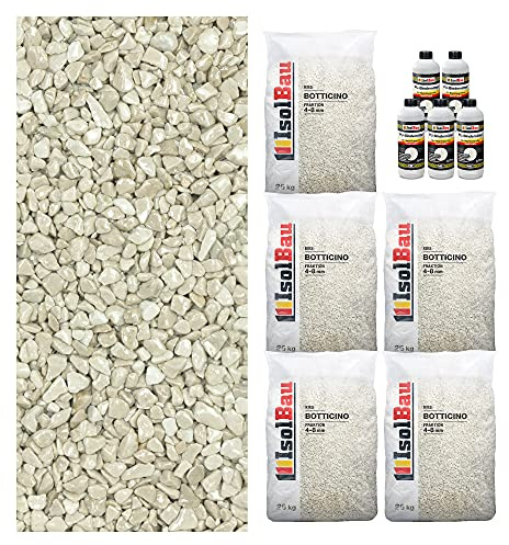 Isolbau Steinteppich SET Marmorkies 125kg + Bindemittel bis 12,5m² Botticino 4/8mm Epoxidharz, Terassenboden, Natursteinboden Marmorkies Bodenbelag Steinboden Bodenbeschichtung Marmorstein Innen Außen