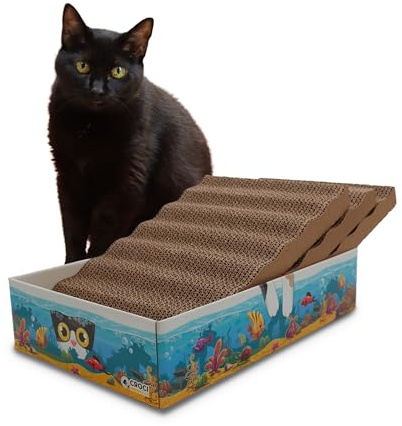 Croci Acquario - 6-in-1-Kratzbaum aus Pappe für ausgewachsene Katzen, mit 3 wendbaren, doppellagigen Kratzplatten, rutschfesten Füßen, inklusive Katzenminzenbeutel, 44 x 28 x 10 cm