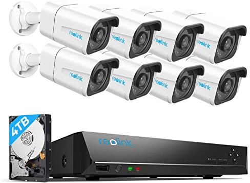 Reolink 8MP Kit Cámaras de Vigilancia PoE, Detección de Personas y Vehículos, 8X 4K Cámaras IP PoE Exterior, H.265 16CH NVR con 4TB HDD para Grabación Continua, Visión Nocturna, RLK16-800B8