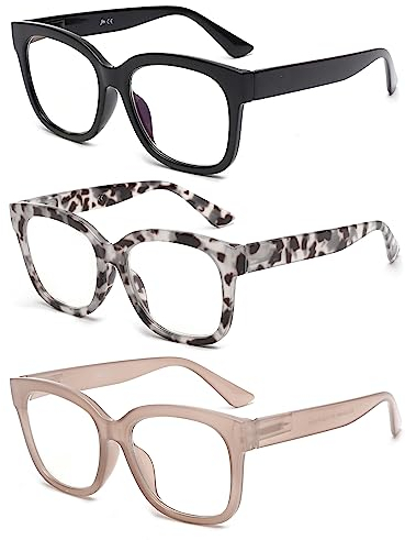 JM 3 Pack Occhiali da Lettura Donna, Quadrati Occhiali Luce Blu Computer Occhiali da Riposo Vista, Nero+Grigio+Rosa, +3.0