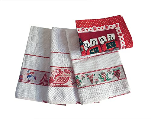 Generico Strofinacci Canovacci Asciugamani Natale Set da 3 Pezzi con Inserto in Tela Aida Per Ricamo Punto Croce + 1 Strofinaccio Calendario 2024 in Omaggio 100% Cotone Produzione Italiana